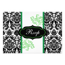 Black, White, Green Damask Scroll Wedding RSVP Personalised Invitations