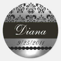 BLACK WHITE GREY DAMASK ROUND STICKERS