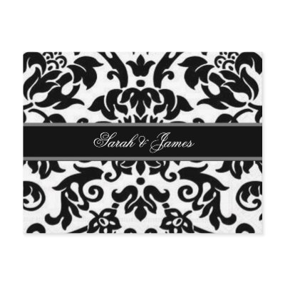 Black white & grey damask Wedding RSVP Post Cards by Cards_by_Cathy