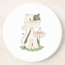 Black & White Kitty w/ Flower Beverage Coasters
