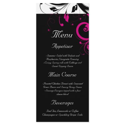 Black + White Magenta Reverse Swirl Wedding Menu by CustomInvites
