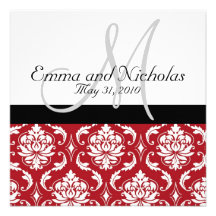 Black White Monogram Red Damask Wedding Invite