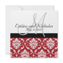 Black White Monogram Red Damask Wedding Invite