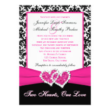 Black White Pink Damask Hearts Wedding Invitation