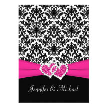 Black White Pink Damask Hearts Wedding Invitation