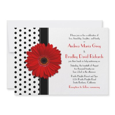 Black White Polka Dot Red Daisy Wedding Invitation by wasootch