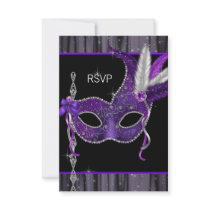Black White Purple Masquerade Party RSVP Custom Announcements
