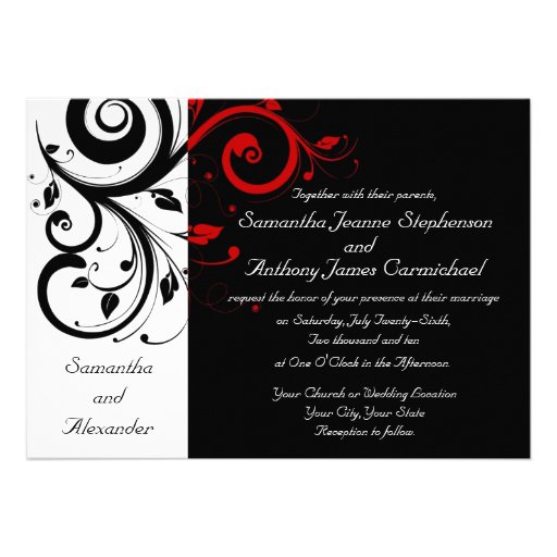 Black/White/Red Reverse Swirl Wedding Invitations