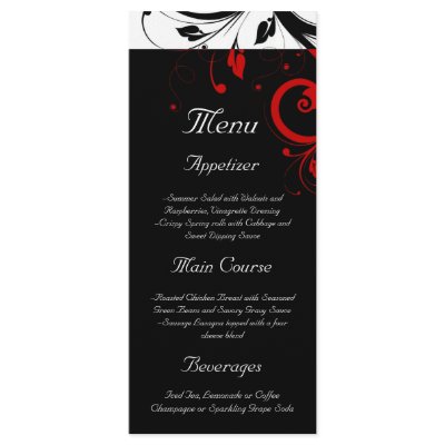Black, White, Red Reverse Swirl Wedding Menu by CustomInvites