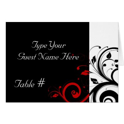 Black, White, Red Reverse Swirl Wedding Place Card by CustomInvites