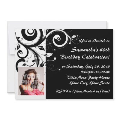 Black+White Reverse Swirl 40th Photo Invitations by CustomInvites