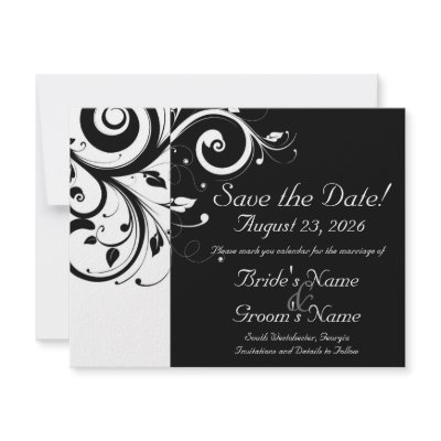 Black +White Reverse Swirl Wedding Save the Date by CustomInvites
