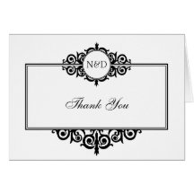 Black white scroll frame monogram thank you note greeting card
