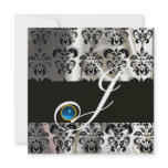 BLACK WHITE SILK DAMASK MONOGRAM BLUE SAPPHIRE PERSONALIZED ANNOUNCEMENT