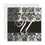 BLACK WHITE SILK DAMASK MONOGRAM PURPLE AMETHYST CUSTOM INVITES