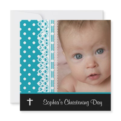 Black White Teal Baby Girl Photo Christening Custom Announcement by InvitationCentral