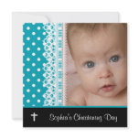 Black White Teal Baby Girl Photo Christening invitations