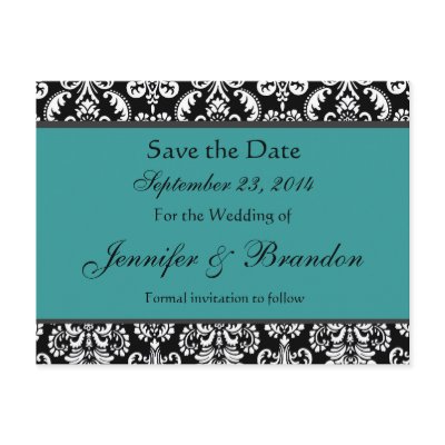 Black White Turquoise Damask Save Date Postcard by JaclinArt