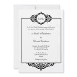 Black white Victorian scroll monogram wedding invitations