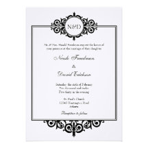 Black white Victorian scroll monogram wedding Personalised Invitations