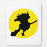 Black witch silhouette against golden full moon mouse pad