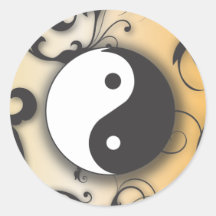 Black with Bronze Yin & Yang with scrolls Round Sticker