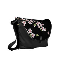 Black with Pink and Green Cherry Blossom Sakura Messenger Bag