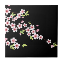 Black with Pink and Green Cherry Blossom Sakura Tile