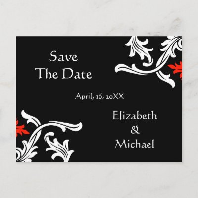 Black with White Red Damask Wedding Save The Date Post Card by 