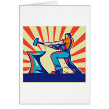 Blacksmith worker with hammer and anvil retro styl card