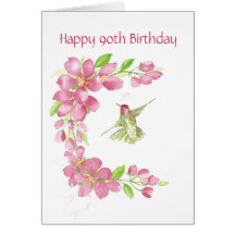 Blank 90th Birthday Cherry Blossom & Hummingbird Card