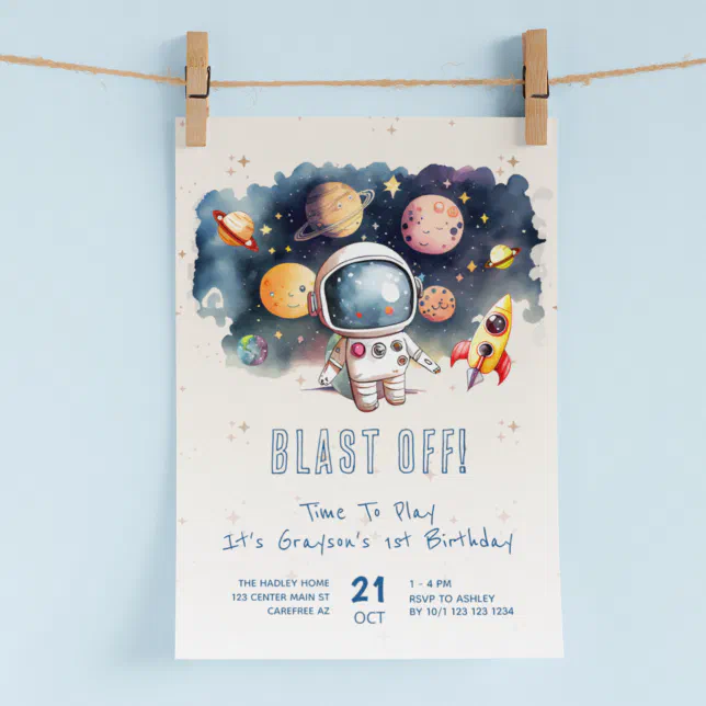 Blast Off Rocket Ship 1st Birthday Invitation Zazzle