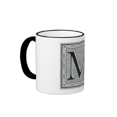 Block Letter "M" Woodcut Woodblock Inital Mugs by ZephyrusBooks