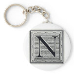 Block Letter "N" Woodcut Woodblock Inital Key Chain