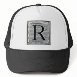 Block Letter "R" Woodcut Woodblock Inital Mesh Hats