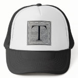 Block Letter "T" Woodcut Woodblock Inital Trucker Hats