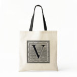 Block Letter "V" Woodcut Woodblock Inital Tote Bags