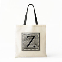 Block Letter "Z" Woodcut Woodblock Inital Tote Bags