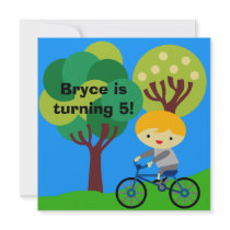 Blonde Boy on Bicycle Birthday Invitation