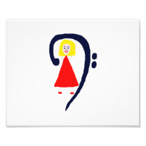 Blonde female blue bass clef red dress