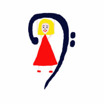 Blonde female blue bass clef red dress