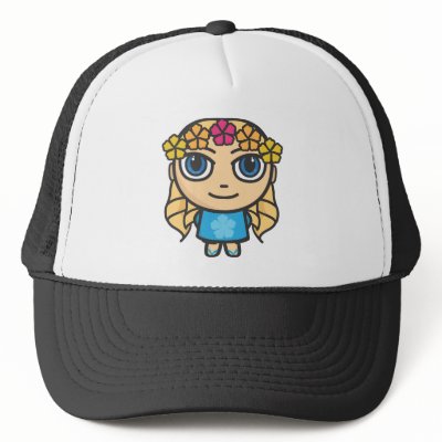 Blonde Hula Girl Blue Dress-Blue Eyes Cap Trucker Hats by CoutureScribble