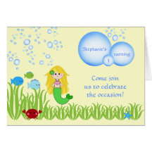 Blonde mermaid cute girl birthday party invitation card