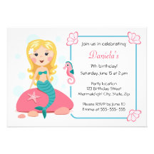 Blonde mermaid girl cute girly birthday invitation