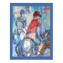 Blue Abstract Horse and Rider Watercolor Art Post Card
