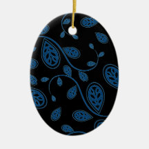 Blue Abstract Vine Pattern on Black Christmas Ornaments