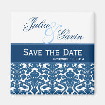 Blue amd White Damask Save the Date Wedding V397 Fridge Magnets