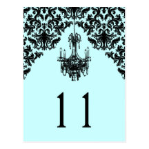 Blue and Black Damask Chandelier Table Number Postcards