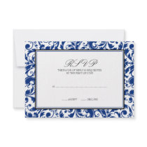 Blue and Black Swirl Damask Wedding Response Card Custom Invites