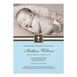 Blue and Brown Cross Boy Photo Baptism Personalised Invite